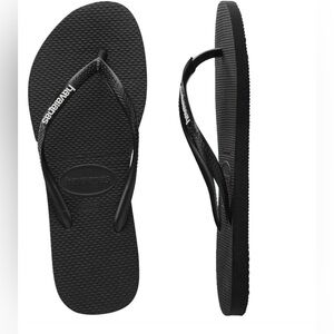 HAVAIANAS Slim Black Patent Leather White Logo Flip Flop Sandals.